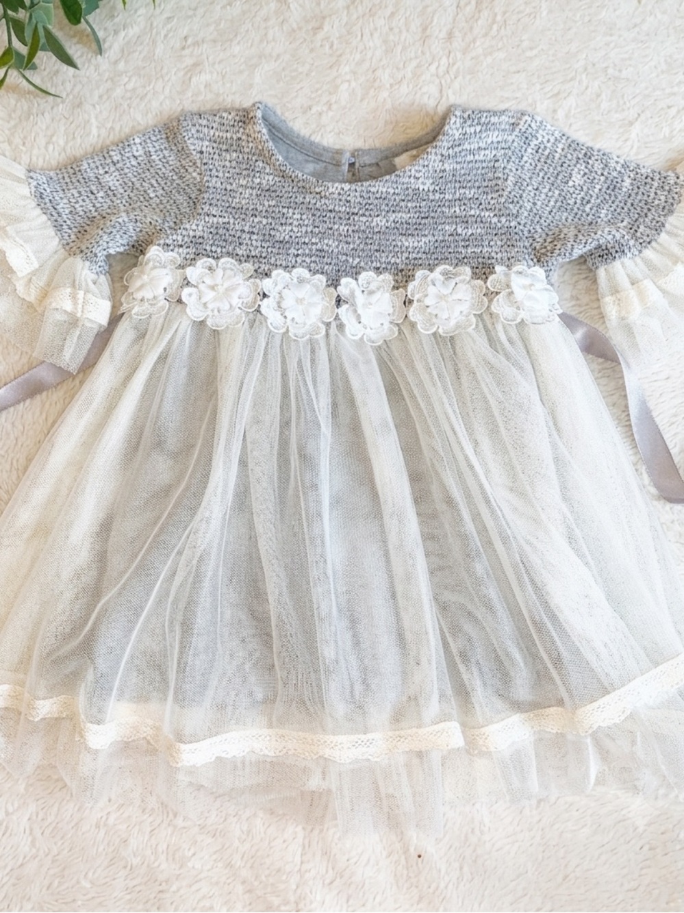 Rare Editions Gray & Cream Dress 3-6M Tulle Overlay Flowers EUC